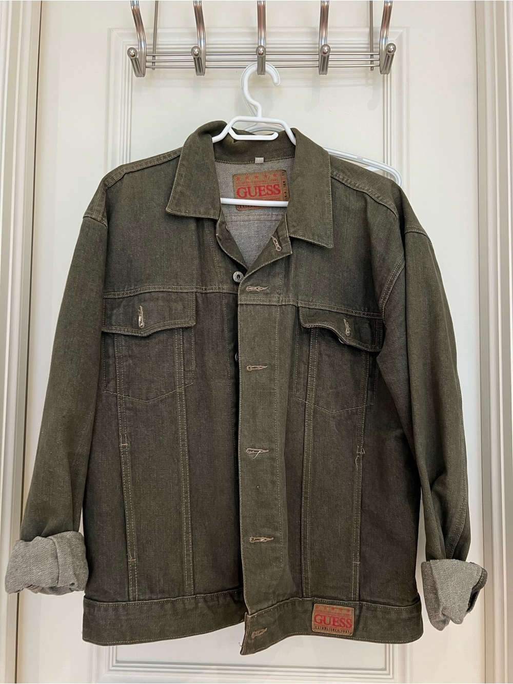 GUESS Olive Green Men's Denim Jacket with Chest Pockets